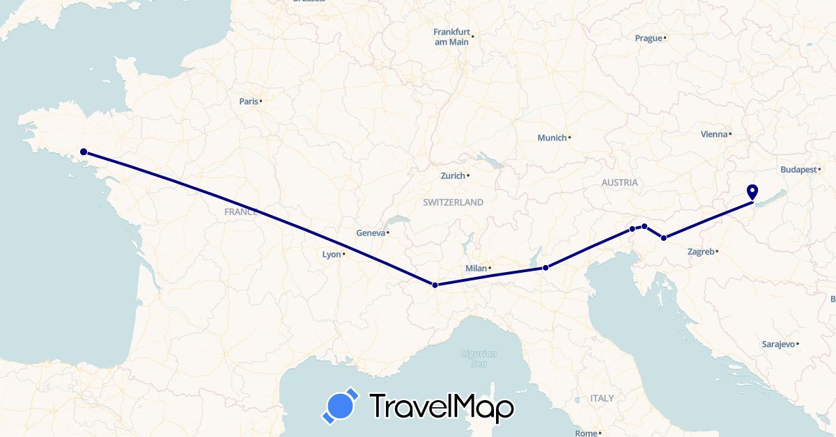 TravelMap itinerary: driving in France, Hungary, Italy, Slovenia (Europe)